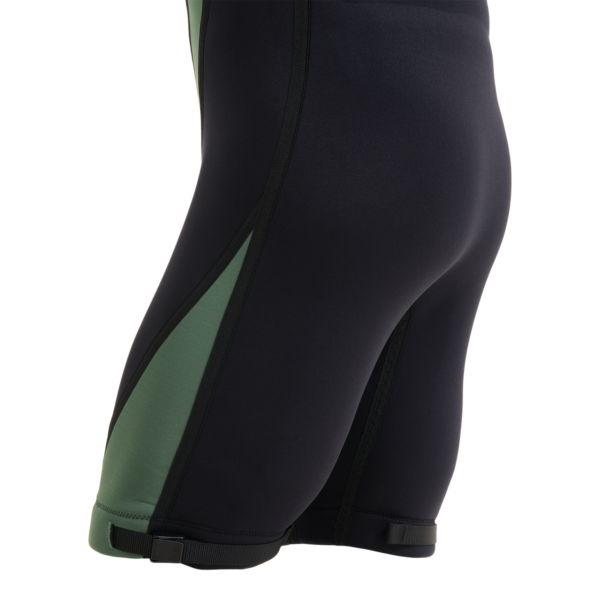 Close-up of the leg, green side paneling and strap on the Iron Junior Sleeveless Wetsuit.