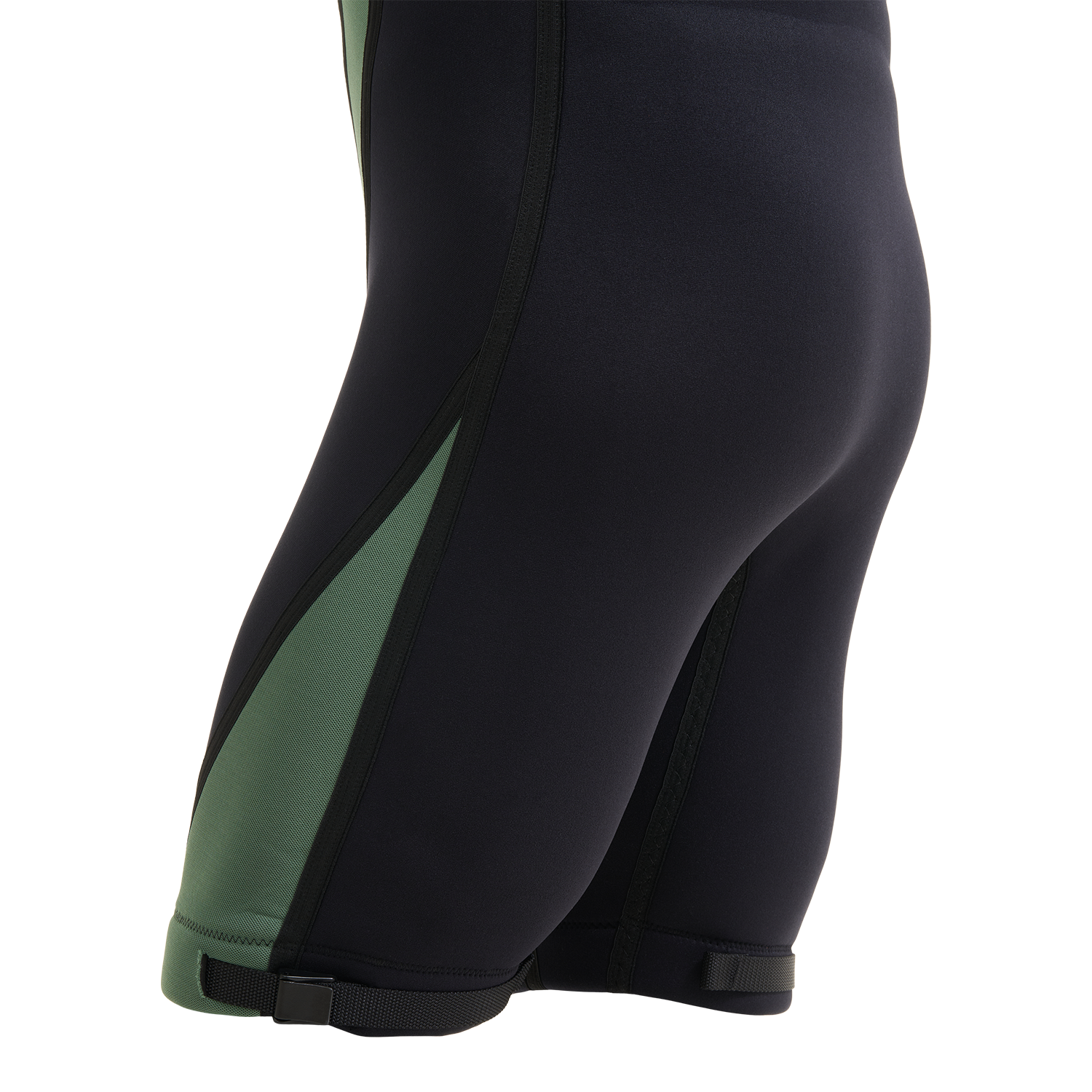 Close-up of the leg, green side paneling and strap on the Iron Junior Sleeveless Wetsuit.