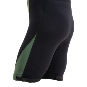 Close-up of the leg, green side paneling and strap on the Iron Junior Sleeveless Wetsuit.