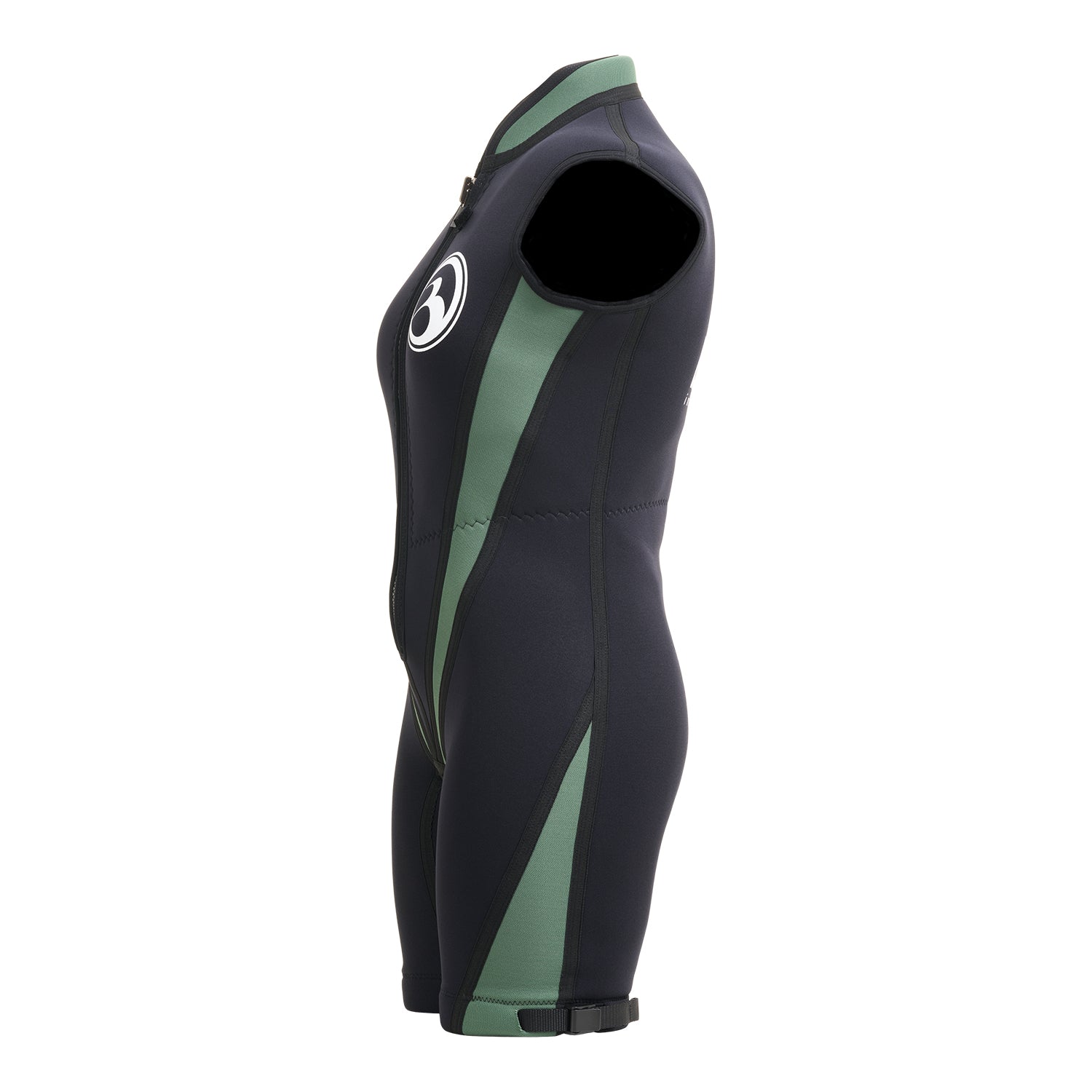 Side view of the black and green Iron Junior Sleeveless Wetsuit showing the curved green paneling.