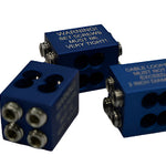 Three blue aluminum cable blocks with engraved warnings, four cable holes, and eight silver set screws on each block.