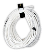 White tow rope in a coil with a black strap holding it together.