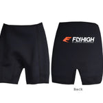 Front and back view of black shorts with FlyHigh logo.