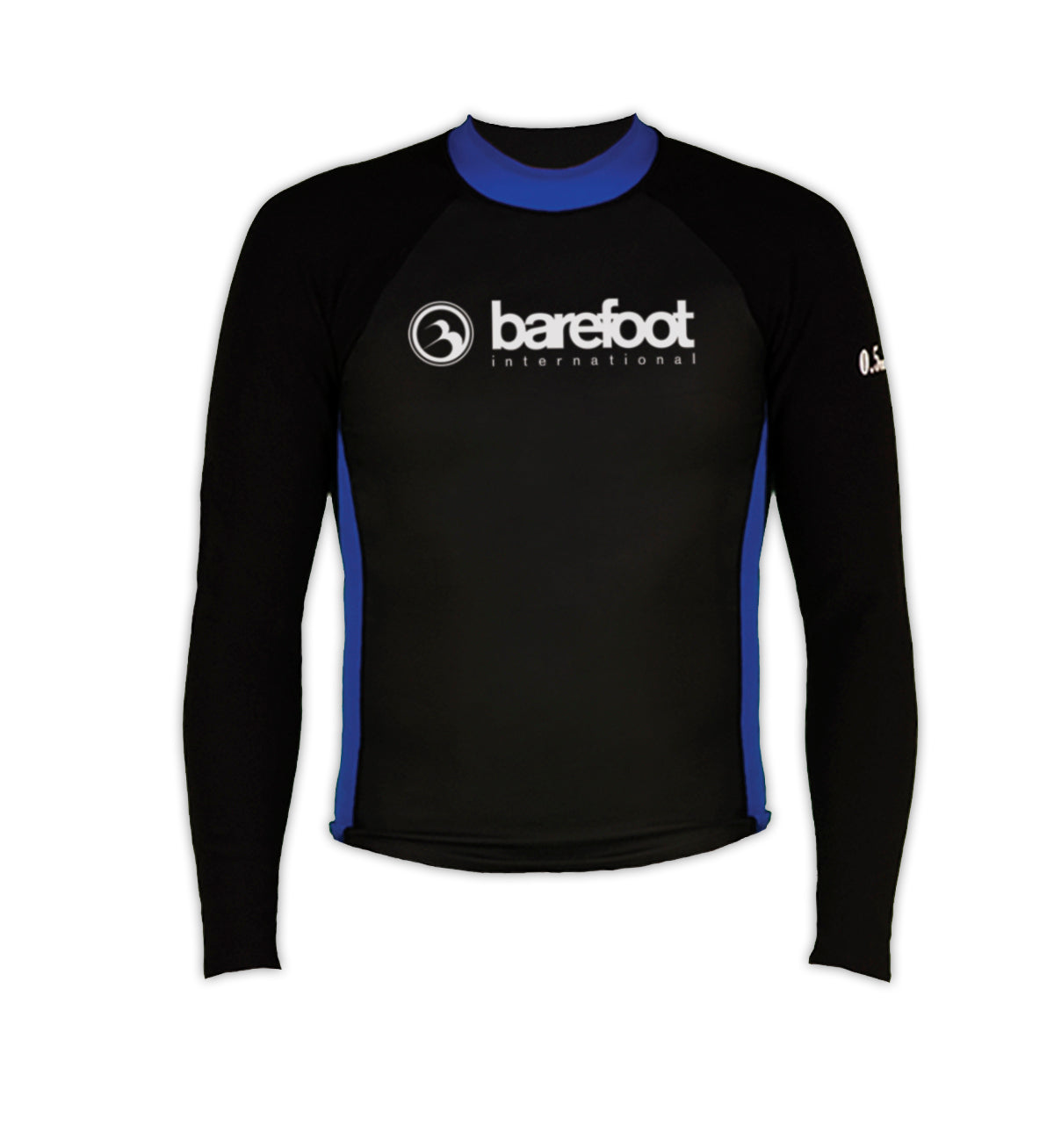 Front view of the Barefoot Heater Shirt, a black long-sleeve top with blue side panels, a blue collar, and white logo text.