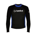 Front view of the Barefoot Heater Shirt, a black long-sleeve top with blue side panels, a blue collar, and white logo text.