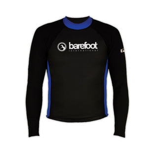 Front view of the Barefoot Heater Shirt, a black long-sleeve top with blue side panels, a blue collar, and white logo text.