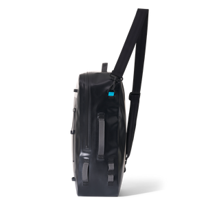 Side view of Day Pack showing slim profile, side straps, and waterproof zipper.