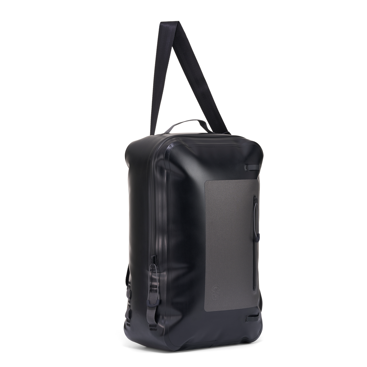 Angled side view of Day Pack highlighting attachment loops and durable black shell.