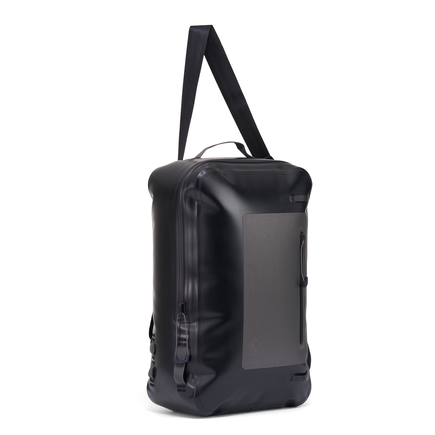 Angled side view of Day Pack highlighting attachment loops and durable black shell.