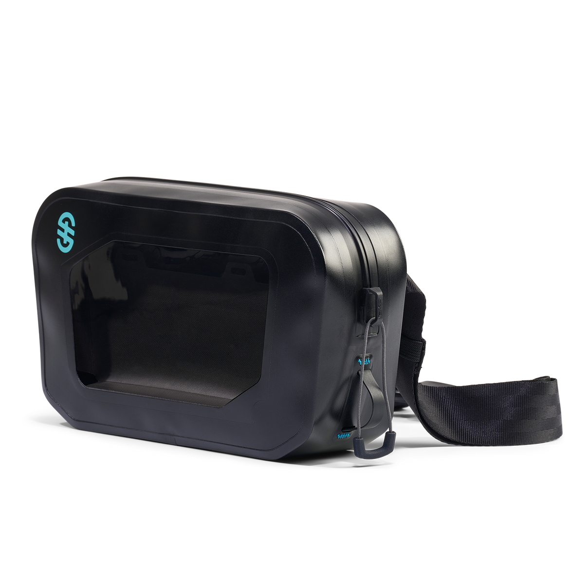 Angled front view of Hip Pack with clear phone window, black waterproof shell, and zip closure.