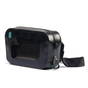 Angled front view of Hip Pack with clear phone window, black waterproof shell, and zip closure.
