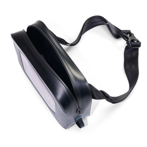 Angled top view of Hip Pack highlighting slim profile, welded seams, and durable TPU coating.