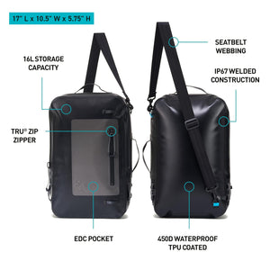 Black waterproof Dry Day Pack, front and side views, showing sling strap, EDC pocket, and 16L capacity.
