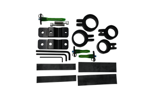 Close-up of Tower Boom clamp kit with black brackets, green pins, bolts, and a silver tube insert.