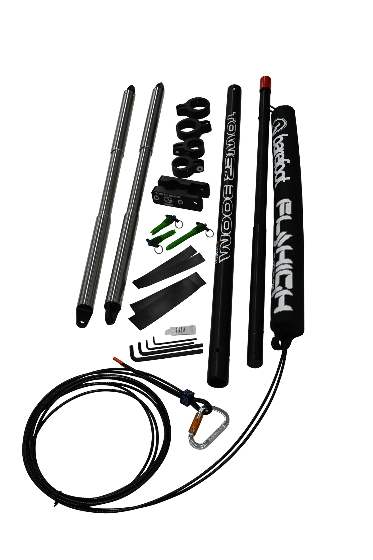 Top view of Tower Boom hardware set with black clamps, green pins, bolts, wrenches, and rubber strips.