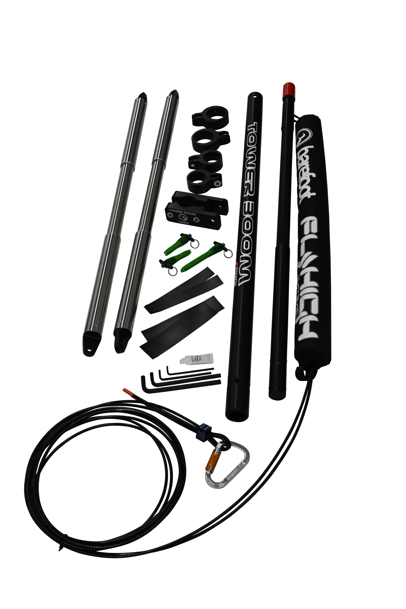 Top view of Tower Boom hardware set with black clamps, green pins, bolts, wrenches, and rubber strips.