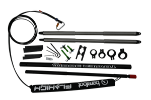 Angled view of Refurbished Tower Boom with black and silver boom poles, clamps, green pins, and padded cover.