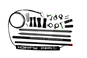 Angled view of Tower Boom with silver poles, black boom arms, clamps, green pins, and padded cover.