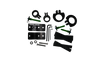 Top view of Tower Boom hardware kit with black brackets, green pins, wrenches, and rubber strips.