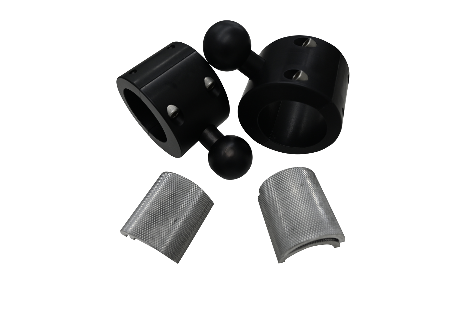 Close-up of black aluminum clamp brackets with spherical mounts and silver textured inserts.