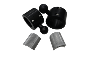 Close-up of black aluminum clamp brackets with spherical mounts and silver textured inserts.