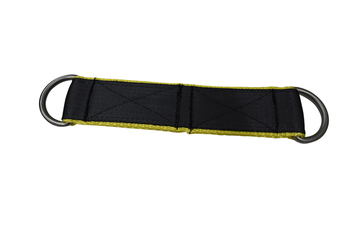 Black nylon strap with reinforced stitching and yellow trim, featuring metal D-rings on both ends.