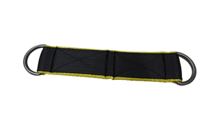 Black nylon strap with reinforced stitching and yellow trim, featuring metal D-rings on both ends.