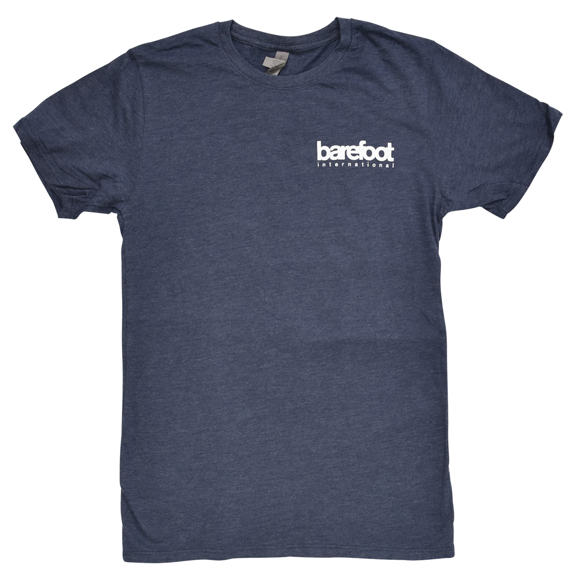 Barefoot Logo Tee in navy blue with a small white Barefoot International logo on the left chest.