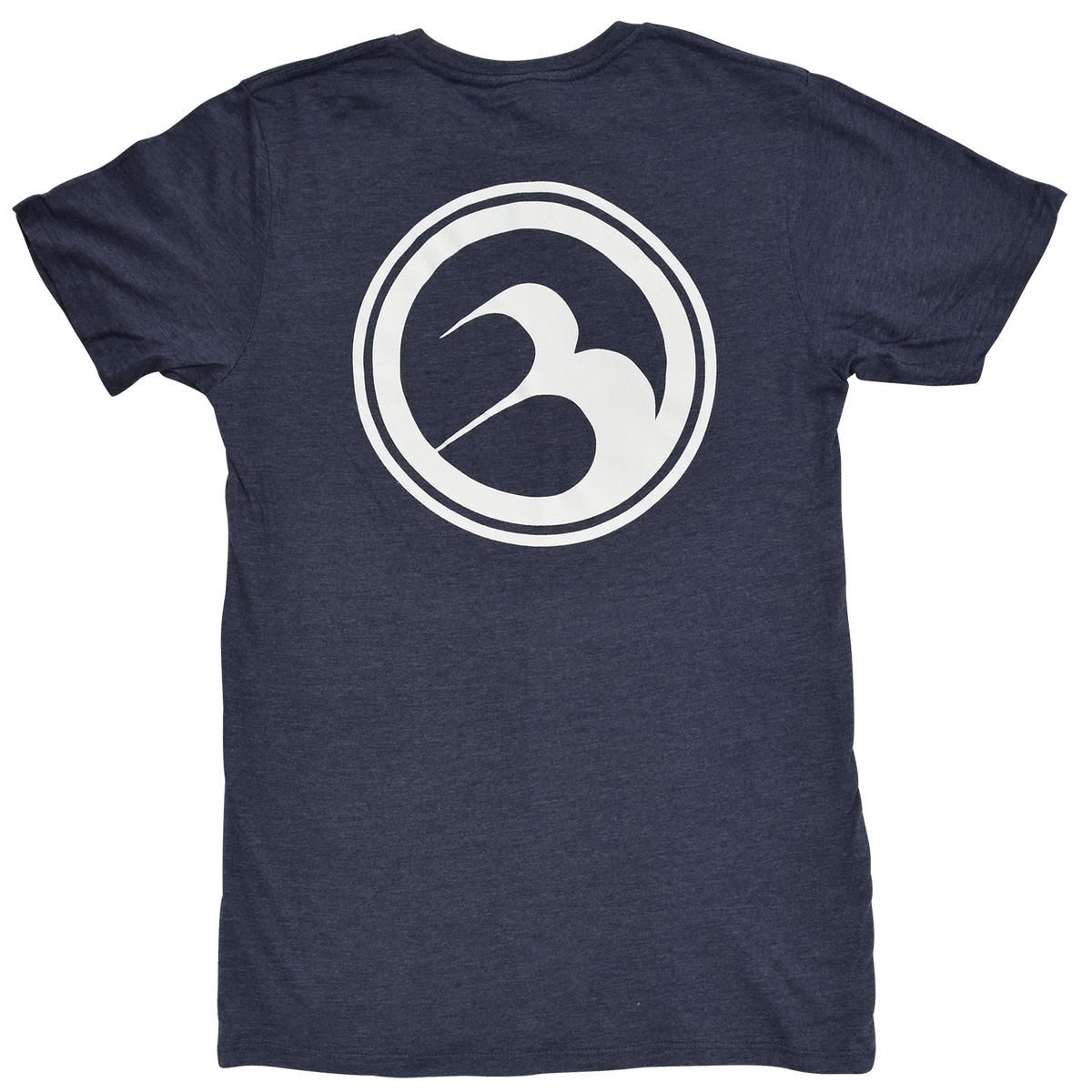 Back view of the Barefoot Logo Tee in navy blue with a large white Barefoot International circular logo.
