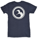 Back view of the Barefoot Logo Tee in navy blue with a large white Barefoot International circular logo.