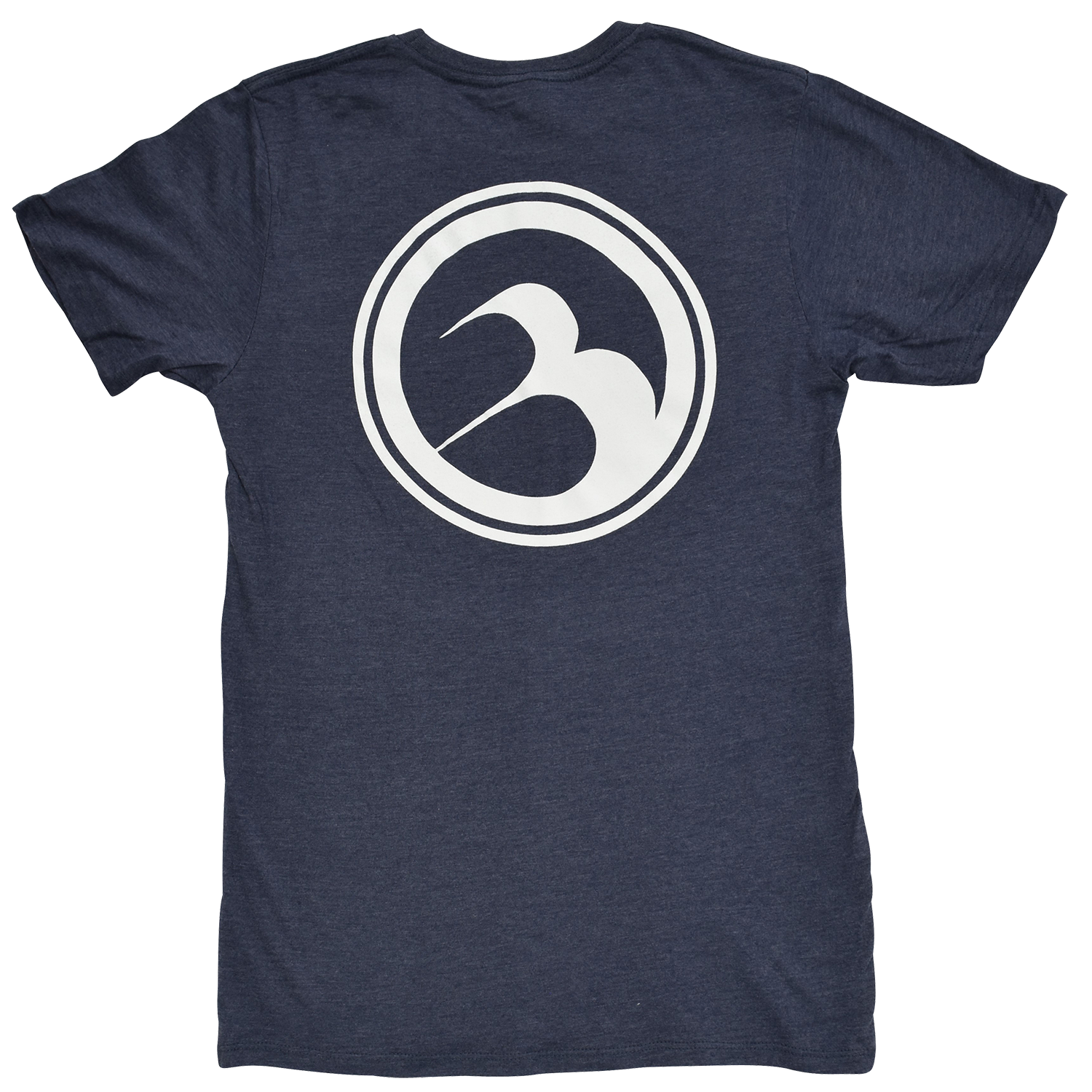 Back view of the Barefoot Logo Tee in navy blue with a large white Barefoot International circular logo.