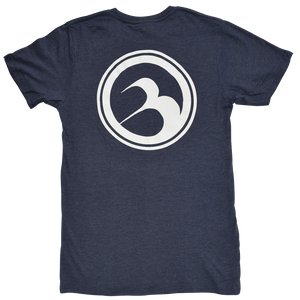 Back view of the Barefoot Logo Tee in navy blue with a large white Barefoot International circular logo.