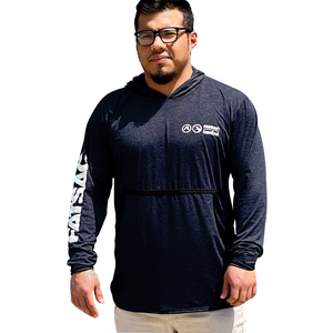 Man wearing a black UV Protection Sun Shirt with a hood, white chest logos, and "FATSAC" printed on the sleeve.