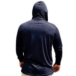 Back view of a black UV Protection Sun Shirt with a hood, showing a plain design with a relaxed fit.