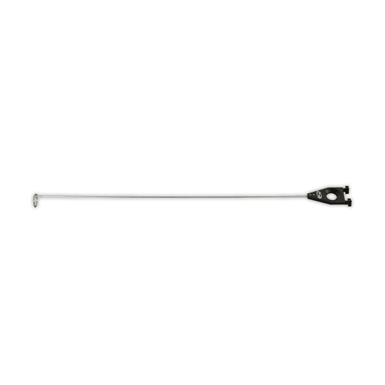 Long, slim stainless steel Rope Guide with a black mounting bracket and loop attachment.
