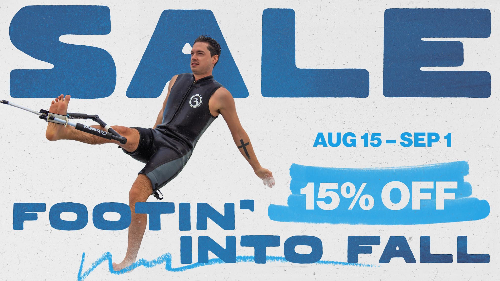 Sale banner featuring a man in a BI wetsuit barefoot waterskiing.