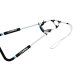 Black full wrap back toe handle with padded grip, white ropes, and blue accent connectors.