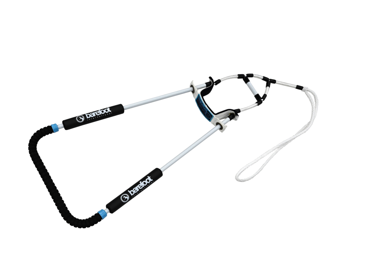 Black full wrap back toe handle with padded grip, white ropes, and blue accent connectors.