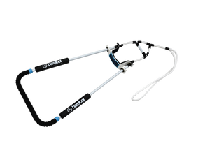 Black full wrap back toe handle with padded grip, white ropes, and blue accent connectors.