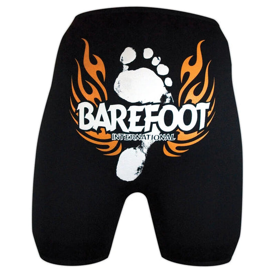 Black Iron Wrap Barefoot Shorts with a white footprint and orange flames graphic.