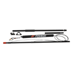 Top view of Deluxe Gunnel Mount Boom, black padded bar with Fly High logo, mounting hardware, and cables.