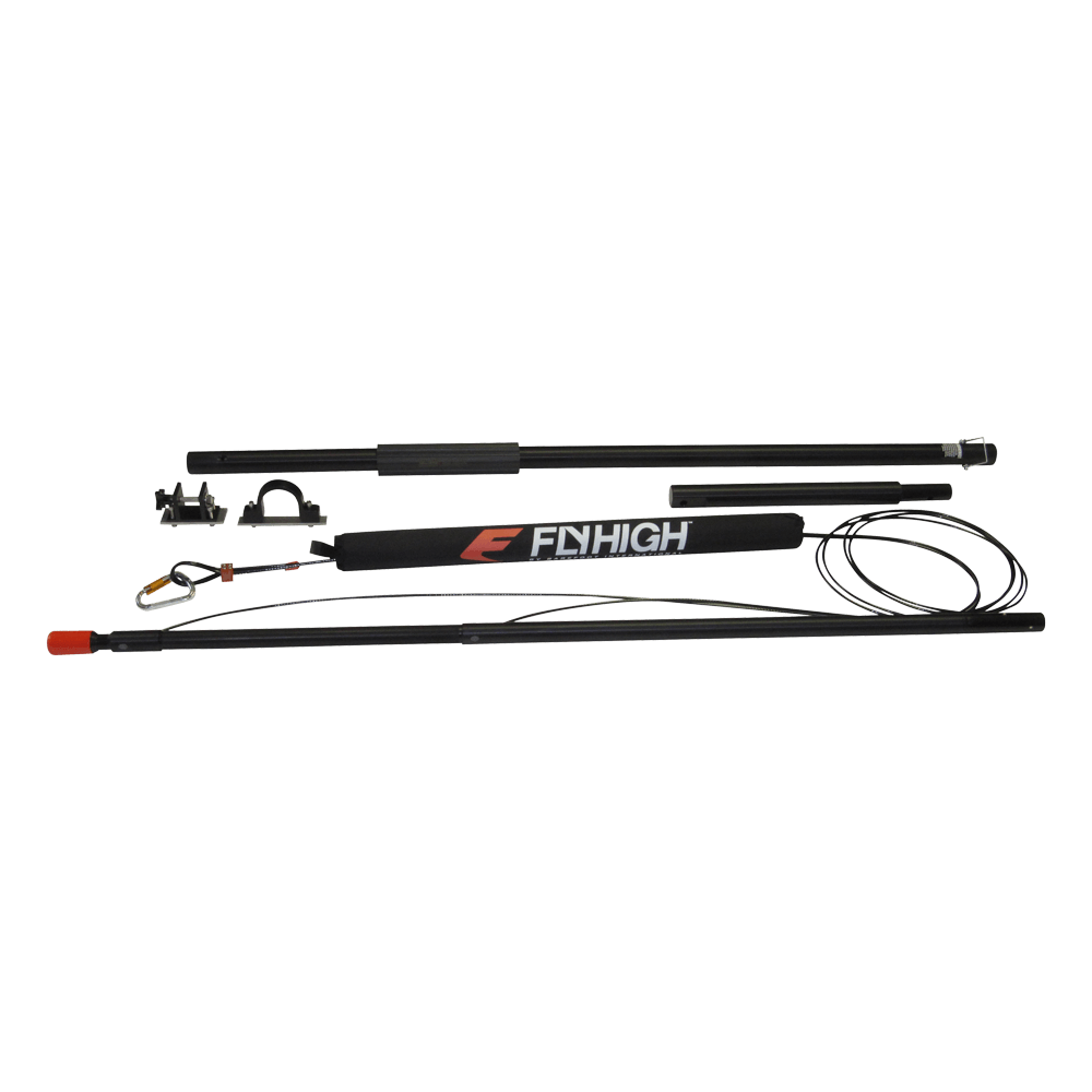 Top view of Deluxe Gunnel Mount Boom, black padded bar with Fly High logo, mounting hardware, and cables.
