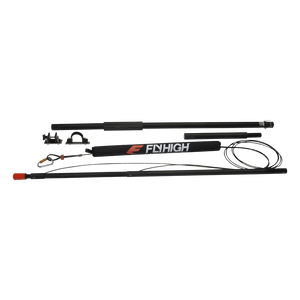 Top view of Deluxe Gunnel Mount Boom, black padded bar with Fly High logo, mounting hardware, and cables.