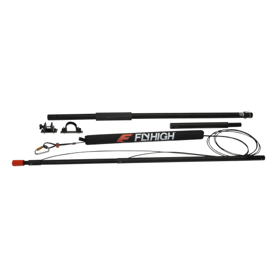 Top view of Deluxe Gunnel Mount Boom, black padded bar with Fly High logo, mounting hardware, and cables.