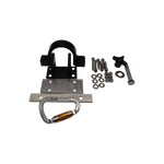 Disassembled Deluxe Gunnel Mount Boom bracket with screws, washers, and a silver carabiner.