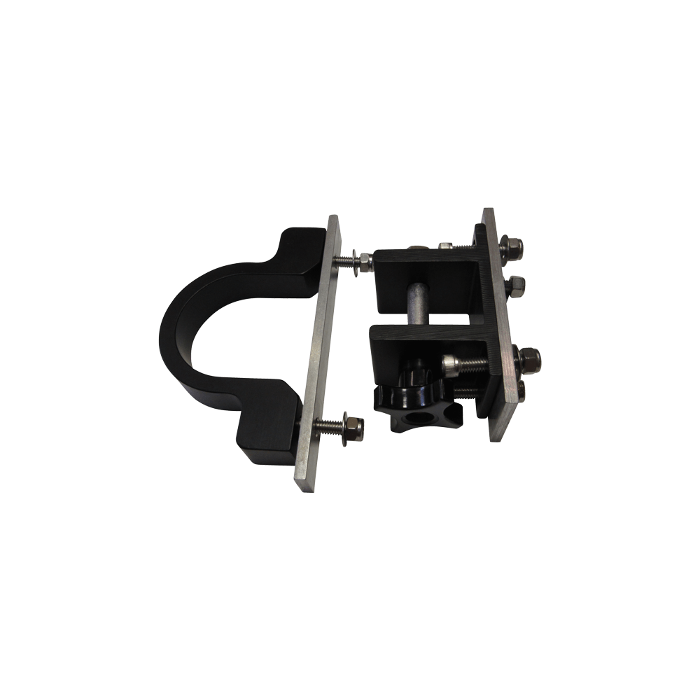 Close-up of black metal mounting bracket for Deluxe Gunnel Mount Boom with bolts and adjustment mechanism.