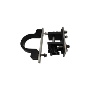 Close-up of black metal mounting bracket for Deluxe Gunnel Mount Boom with bolts and adjustment mechanism.