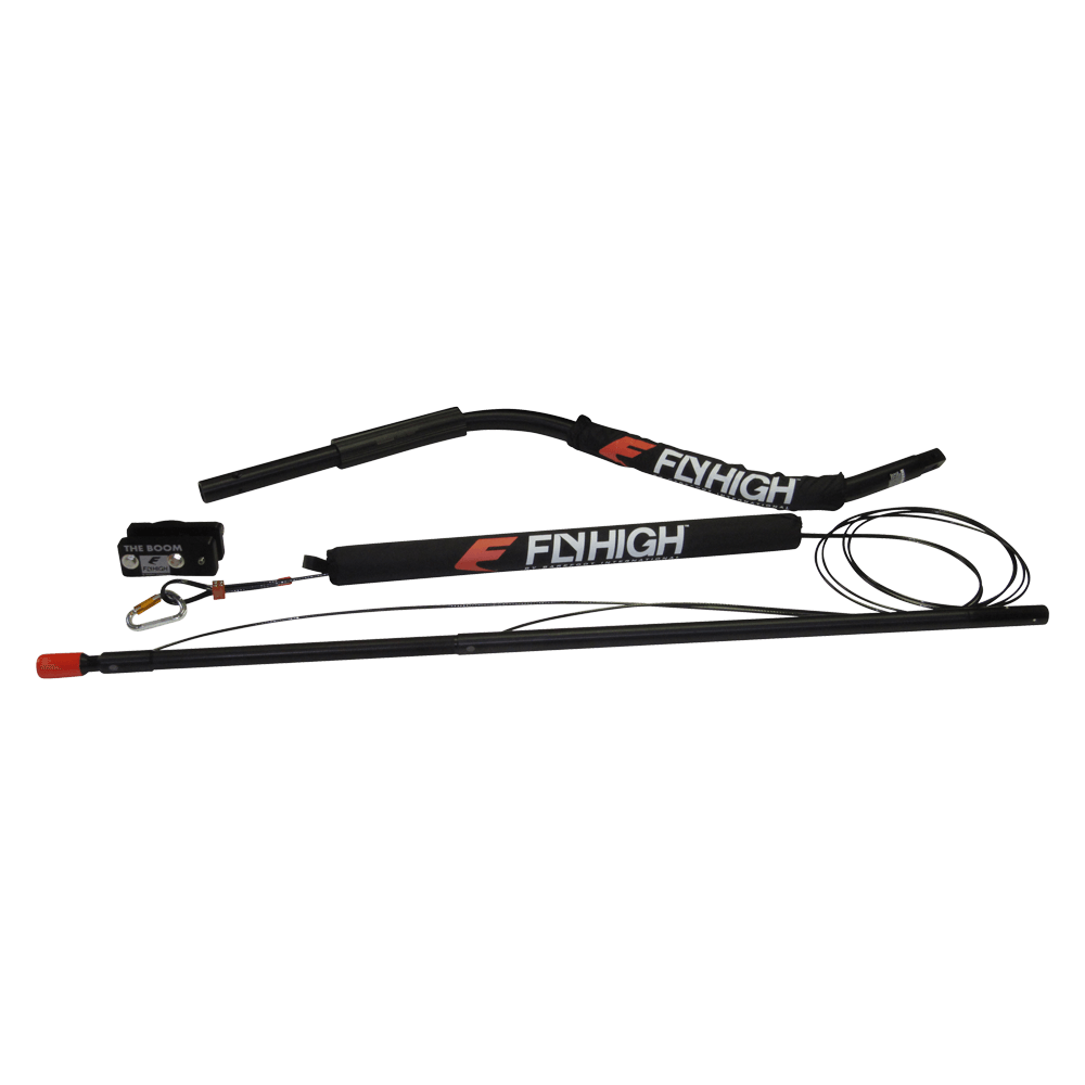 Black Deluxe Quad Contour Boom with Fly High branding, curved padded arm, attachment hardware, and safety cables.