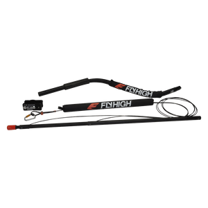 Black Deluxe Quad Contour Boom with Fly High branding, curved padded arm, attachment hardware, and safety cables.