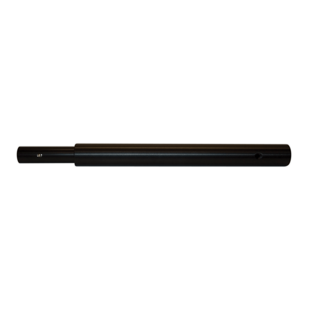Side view of a black cylindrical boom extension with a smooth finish and drilled holes for secure attachment.
